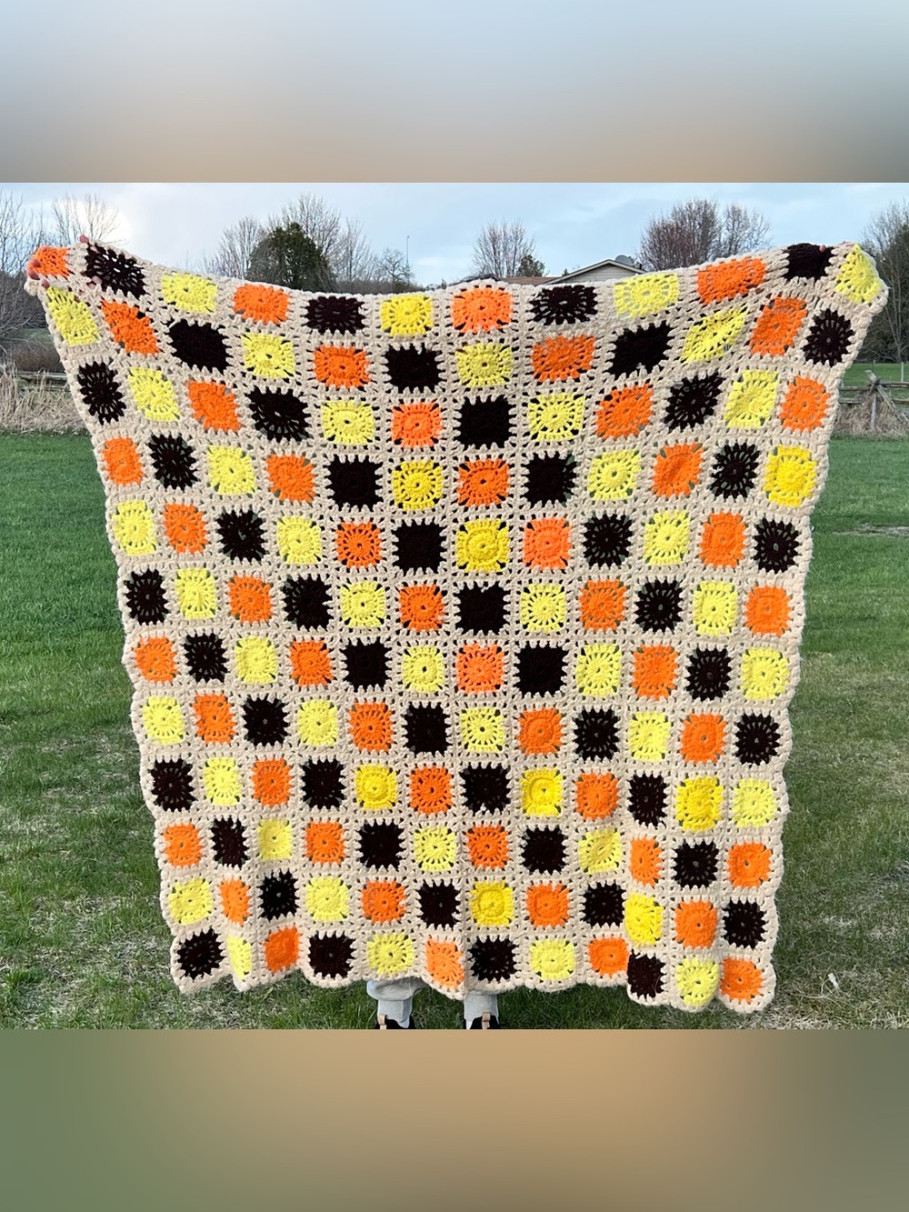 Vintage 70’s Granny Square Orange, Yellow, & Brown Afghan Throw Blanket 54”x54”